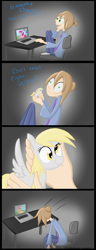 Size: 554x1440 | Tagged: safe, artist:thecheeseburger, character:derpy hooves, character:fluttershy, character:pinkie pie, character:rainbow dash, species:human, comic, computer, female, toy