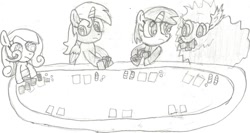 Size: 1024x543 | Tagged: safe, artist:pika-robo, oc, oc only, oc:fluffle puff, oc:littlepip, oc:snowdrop, oc:ticket, species:alicorn, species:pegasus, species:pony, species:unicorn, fallout equestria, alicorn oc, black and white, clothing, crossover, fanfic, fanfic art, female, grayscale, horn, mare, monochrome, pipbuck, poker, poker night at the inventory, sketch, traditional art, vault suit, wings