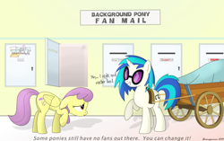 Size: 1811x1138 | Tagged: safe, artist:bluemeganium, character:diamond mint, character:dj pon-3, character:drizzle, character:lyra heartstrings, character:parasol, character:vinyl scratch, background pony, cart, dialogue, duo, fan mail, floppy ears, frown, grin, harness, letter, propaganda, raised hoof, sad, smiling, spider web, text