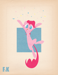 Size: 2550x3300 | Tagged: safe, artist:fluttershythekind, character:pinkie pie, abstract background, action pose, blep, confetti, cute, diapinkes, female, looking at you, no pupils, poster, solo, tongue out
