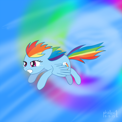 Size: 1400x1400 | Tagged: safe, artist:phallen1, character:rainbow dash, g4, my little pony: friendship is magic, exhausted, female, flying, solo, sonic rainboom