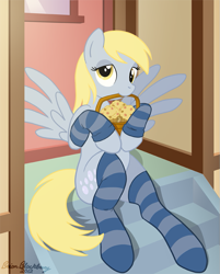 Size: 677x844 | Tagged: safe, artist:brianblackberry, character:derpy hooves, species:pegasus, species:pony, g4, basket, clothing, female, mare, mouth hold, muffin, sitting, socks, solo, striped socks