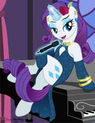 Size: 642x826 | Tagged: safe, artist:brianblackberry, character:rarity, species:pony, species:unicorn, g4, bracelet, clothing, dress, earring, evening gloves, female, flower, jewelry, magic, mare, microphone, necklace, piano, rose, singing, sitting, solo, telekinesis