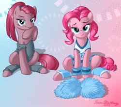 Size: 743x658 | Tagged: safe, artist:brianblackberry, character:pinkamena diane pie, character:pinkie pie, species:earth pony, species:pony, g4, abstract background, bedroom eyes, cheerleader, cheerleader pinkie, clothing, duality, female, leg warmers, looking at you, mare, pom pom, sitting, solo, wristband