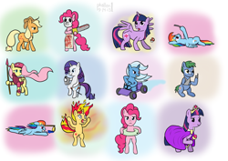 Size: 1024x726 | Tagged: safe, artist:phallen1, character:applejack, character:fluttershy, character:pinkie pie, character:rainbow dash, character:rarity, character:sunset shimmer, character:trixie, character:twilight sparkle, character:twilight sparkle (alicorn), oc, oc:software patch, species:alicorn, species:pony, cellphone, chainsaw, chair, cloak, clothing, cosplay, crown, dragoon, female, fiery shimmer, fire, game boy, glasses, go kart, growth, hockey mask, inner tube, mane of fire, mare, medal, mushroom, scepter