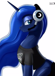 Size: 2400x3300 | Tagged: safe, artist:skyline19, character:princess luna, species:pony, gamer luna, bedroom eyes, clothing, cute, female, grand theft auto, gta v, headset, lunabetes, mare, profile, shirt, simple background, sitting, smiling, solo, t-shirt, white background