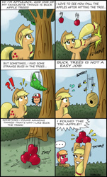 Size: 695x1150 | Tagged: safe, artist:ciriliko, character:applejack, character:big mcintosh, species:earth pony, species:human, species:pony, apple, apple tree, applebucking, ash ketchum, bee, beehive, bucking, comic, creeper, crossover, engrish, male, metapod, poker face, pokémon, reference, stallion, tchan!, the legend of zelda, tree, triforce, zas