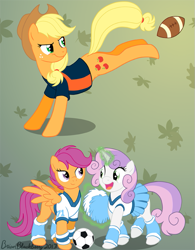 Size: 613x787 | Tagged: safe, artist:brianblackberry, character:applejack, character:scootaloo, character:sweetie belle, species:pegasus, species:pony, american football, ball, bottomless, cheerleader, clothing, denver broncos, football, leg warmers, magic, nfl, partial nudity, scootaloo will show us games to play, separated by a common language, skirt, sports
