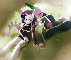 Size: 2168x1827 | Tagged: safe, artist:ss2sonic, character:rarity, character:spike, species:anthro, species:unguligrade anthro, ship:sparity, clothing, female, grass, male, shade, shipping, sleeping, straight