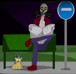Size: 1300x1275 | Tagged: safe, artist:fluffsplosion, 2spooky, bus stop, fluffy pony, newspaper, skeleton