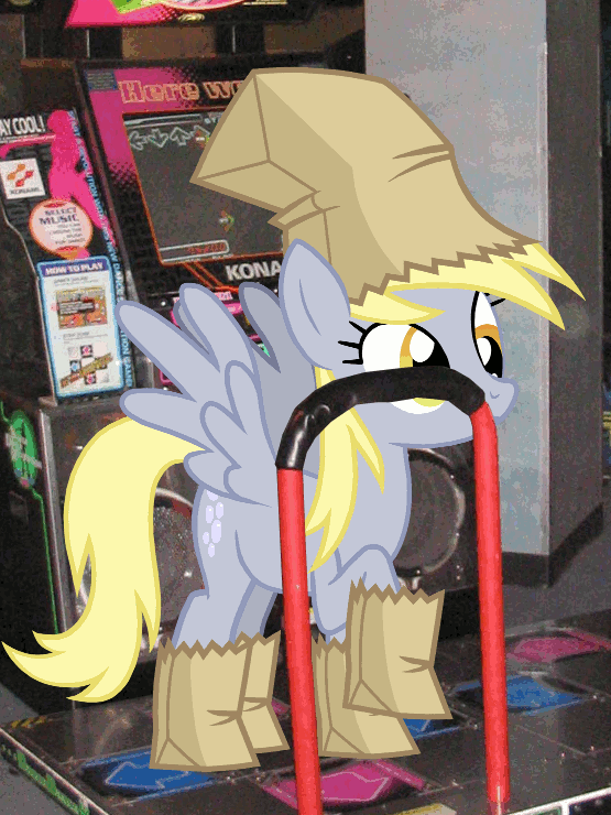 Size: 555x740 | Tagged: safe, artist:arrkhal, character:derpy hooves, species:pegasus, species:pony, animated, dance dance revolution, dancing, female, irl, mare, paper bag, paper bag wizard, photo, ponies in real life, rhythm game