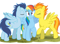 Size: 723x526 | Tagged: source needed, safe, artist:brianblackberry, character:rainbow dash, character:soarin', character:spitfire, species:pegasus, species:pony, ship:soarindash, ship:spitdash, bisexual, female, herd, kiss on the cheek, kiss sandwich, kissing, lesbian, lesbian in front of boys, male, mare, ot3, polyamory, shipping, simple background, soarindashfire, stallion, straight, transparent background, trio