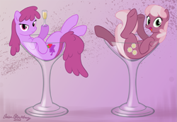 Size: 955x660 | Tagged: safe, artist:brianblackberry, character:berry punch, character:berryshine, character:cheerilee, species:earth pony, species:pony, alcohol, cup of pony, drink, female, glass, mare, micro