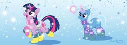 Size: 960x342 | Tagged: safe, artist:brianblackberry, character:trixie, character:twilight sparkle, boots, clothing, duo, female, magic, saddle, scarf, snow, snowball, snowfall, socks, striped socks, tack, winter