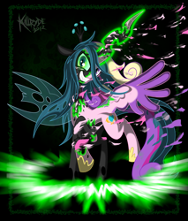 Size: 2300x2700 | Tagged: safe, artist:killryde, character:princess cadance, character:queen chrysalis, species:changeling, g4, action pose, changeling queen, disguise, disguised changeling, duality, fake cadance, female, fusion, high res, looking at you, magic, smiling, transformation