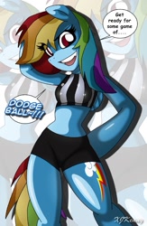 Size: 550x845 | Tagged: safe, artist:xjkenny, character:rainbow dash, species:anthro, species:unguligrade anthro, arm behind head, arm hooves, clothing, compression shorts, dodgeball, female, grammar error, midriff, referee, shirt, shorts, solo, sports, zoom layer
