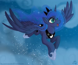 Size: 1300x1088 | Tagged: safe, artist:falleninthedark, character:princess luna, species:alicorn, species:pony, cloud, ethereal mane, female, flying, galaxy mane, mare, open mouth, sky, solo, wings