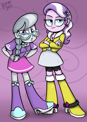 Size: 2000x2800 | Tagged: safe, artist:killryde, character:diamond tiara, character:silver spoon, my little pony:equestria girls, accessories, boots, bracelet, clothing, glasses, jacket, jewelry, necklace, shoes, skirt, unamused