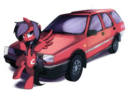 Size: 2791x2001 | Tagged: safe, artist:pepooni, oc, oc only, species:pegasus, species:pony, car, female, lip ring, mare, mitsubishi, mitsubishi lancer, mitsubishi lancer wagon, piercing, solo, station wagon
