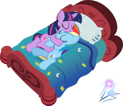 Size: 1600x1379 | Tagged: safe, artist:nightmaremoons, character:rainbow dash, character:twilight sparkle, ship:twidash, bed, female, lesbian, shipping, simple background, sleeping, transparent background, vector