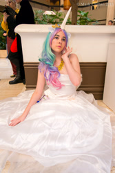 Size: 3684x5520 | Tagged: safe, artist:lochlan o'neil, character:princess celestia, species:human, anime weekend atlanta, clothing, convention, cosplay, dress, irl, irl human, necklace, photo, solo