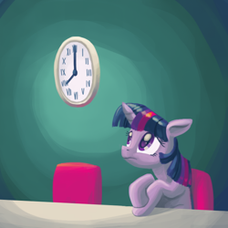 Size: 800x800 | Tagged: safe, artist:needsmoarg4, character:twilight sparkle, character:twilight sparkle (unicorn), species:pony, species:unicorn, comic:friendship is dragons, clock, female, solo, waiting