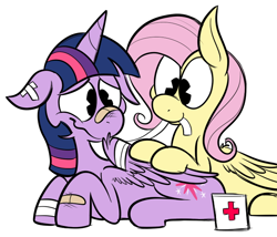 Size: 700x600 | Tagged: safe, artist:karpet-shark, character:fluttershy, character:twilight sparkle, character:twilight sparkle (alicorn), species:alicorn, species:pony, ship:twishy, twily-daily, bandage, bandaid, bruised, cute, female, first aid, floppy ears, injured, lesbian, mare, mouth hold, prone, shipping, smiling, wavy mouth
