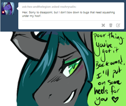 Size: 427x359 | Tagged: safe, artist:mlpfwb, character:queen chrysalis, ask, dialogue, female, heart, insect, solo, speech bubble, tumblr