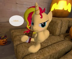 Size: 941x768 | Tagged: safe, artist:pika-robo, character:sunset shimmer, species:pony, species:unicorn, 3d, angry, blushing, chocolate, dalokohs bar, dialogue, eating, female, gmod, looking at you, solo, speech bubble, sunset shimmer is not amused, team fortress 2, tsundere, tsunset shimmer, unamused