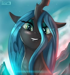 Size: 2521x2726 | Tagged: dead source, safe, artist:skyline19, character:queen chrysalis, species:changeling, beautiful, bedroom eyes, blushing, changeling queen, cute, cutealis, eyeshadow, female, horn, looking at you, makeup, portrait, smiling, solo