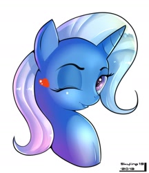 Size: 1130x1309 | Tagged: safe, artist:skyline19, character:trixie, species:pony, species:unicorn, bust, eyeshadow, female, heart, lipstick, looking at you, mare, one eye closed, simple background, smiling, solo, white background, wink