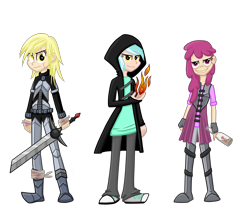 Size: 3600x3168 | Tagged: safe, artist:thecheeseburger, character:berry punch, character:berryshine, character:derpy hooves, character:lyra heartstrings, species:human, alcohol, armor, bandage, bottle, broken sword, clothing, coat, eye scar, fantasy, fantasy class, female, fire, hood, humanized, lidded eyes, scar, simple background, sword, transparent background, trio, weapon, woman