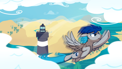 Size: 1920x1080 | Tagged: safe, artist:pepooni, oc, oc only, species:pegasus, species:pony, flying, lighthouse, male, solo, stallion, swift flying
