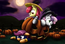 Size: 3079x2084 | Tagged: safe, artist:otakuap, character:apple bloom, character:scootaloo, character:sweetie belle, species:pegasus, species:pony, clothing, costume, crossover, cutie mark crusaders, derp, halloween, holiday, jack-o-lantern, nightmare night, pokémon, pumpkaboo, pumpkin, superhero, tree sap and pine needles, witch