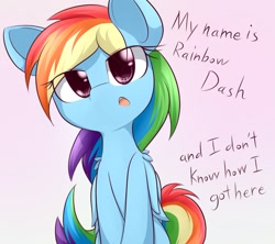Size: 1125x1000 | Tagged: safe, artist:dshou, character:rainbow dash, species:pegasus, species:pony, cute, dashabetes, dialogue, female, mare, my name is x, open mouth, solo