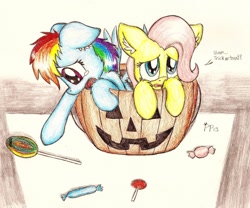 Size: 1200x1000 | Tagged: safe, artist:punk-pegasus, character:fluttershy, character:rainbow dash, candy, cute, dashabetes, filly, halloween, holiday, jack-o-lantern, pumpkin, shyabetes, traditional art