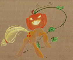 Size: 984x820 | Tagged: safe, artist:getchanoodlewet, character:applejack, costume, female, halloween, holiday, jack-o-lantern, pumpkin, rearing, solo, traditional art