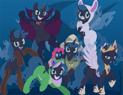 Size: 941x725 | Tagged: dead source, safe, artist:brianblackberry, character:applejack, character:fluttershy, character:gummy, character:pinkie pie, character:rainbow dash, character:rarity, character:twilight sparkle, character:twilight sparkle (alicorn), species:alicorn, species:changeling, species:pony, alicornified, changeling mane six, changeling six, changelingified, clothing, costume, dashling, female, flutterling, flying, mane six, mare, nightmare night, nightmare night costume, race swap, raricorn, role reversal