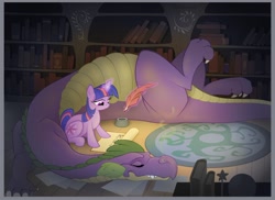 Size: 1280x931 | Tagged: safe, artist:sherwoodwhisper, character:spike, character:twilight sparkle, cute, golden oaks library, magic, older, older spike, parchment, quill, sitting, sleeping, telekinesis
