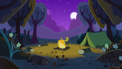 Size: 5333x3000 | Tagged: safe, artist:boneswolbach, .svg available, background, bonfire, bush, fire, flower, forest, full moon, grass, moon, mountain, night, night sky, no pony, rock, sky, starry night, tent, tree, vector