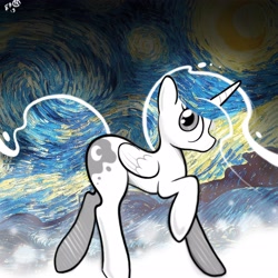 Size: 4000x4000 | Tagged: dead source, safe, artist:b-epon, character:princess luna, female, looking at you, raised hoof, solo, starry night, starry sky, stars, the starry night, vincent van gogh