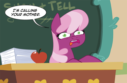 Size: 700x456 | Tagged: safe, artist:peachiekeenie, character:cheerilee, apple, classroom, faec, female, ponyville schoolhouse, reaction image, snitch, solo