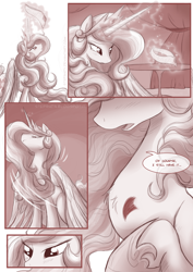 Size: 850x1202 | Tagged: safe, artist:stepandy, character:discord, character:princess celestia, comic:mark of chaos, ship:dislestia, comic, dialogue, female, male, monochrome, questionable series, scar, shipping, straight, undressing