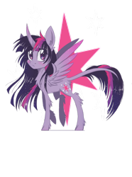 Size: 716x960 | Tagged: safe, artist:silbersternenlicht, character:twilight sparkle, character:twilight sparkle (alicorn), species:alicorn, species:classical unicorn, species:pony, alternate design, cloven hooves, colored wings, colored wingtips, cutie mark background, female, fluffy, leonine tail, mare, simple background, solo, transparent background, unshorn fetlocks