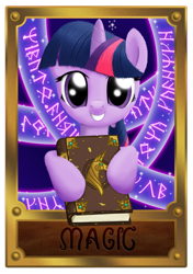 Size: 900x1276 | Tagged: safe, artist:nimaru, character:twilight sparkle, species:pony, species:unicorn, book of harmony, female, front view, hoof hold, mare, open mouth, smiling, solo, text