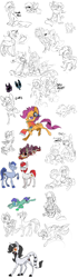 Size: 2000x7101 | Tagged: safe, artist:xenon, alice price, character:apple bloom, character:big mcintosh, character:king sombra, character:pinkie pie, character:queen chrysalis, character:rainbow dash, character:scootaloo, character:twilight sparkle, oc, species:earth pony, species:pegasus, species:pony, against glass, alternate hairstyle, andy price, book, clothing, coat, crossover, crystallized, dialogue, doll, fourth wall, gak, glasses, magic, male, partial color, scarf, sketch dump, stallion