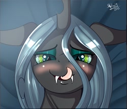 Size: 825x710 | Tagged: safe, artist:skyline19, character:queen chrysalis, species:changeling, bedroom eyes, blushing, bueno, changeling queen, close-up, female, looking at you, solo, tongue out