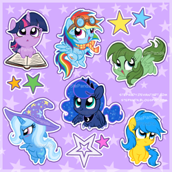 Size: 600x600 | Tagged: safe, artist:stepandy, character:medley, character:princess luna, character:rainbow dash, character:trixie, character:twilight sparkle, oc, species:pony, g1, book, clothing, female, flying, g1 to g4, generation leap, goggles, mare, scarf, sticker