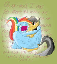 Size: 1024x1141 | Tagged: safe, artist:firefanatic, character:daring do, character:rainbow dash, episode:daring don't, g4, my little pony: friendship is magic, crying, hug, sweat, sweatdrop