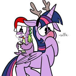 Size: 700x700 | Tagged: safe, artist:karpet-shark, character:spike, character:twilight sparkle, character:twilight sparkle (alicorn), species:alicorn, species:pony, twily-daily, clothing, female, hat, mare, red nosed, reindeer antlers, santa hat, sniffling